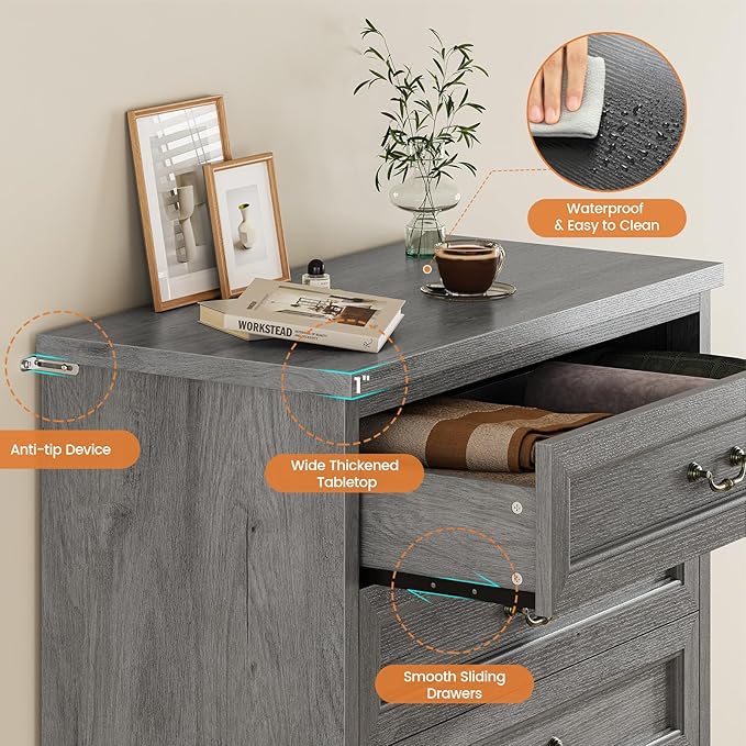 DICTAC Farmhouse 6 Drawers Dresser for Bedroom,51.2" Tall Rustic Wood Chest of Drawers,Large Storage Chest with Vintage Metal Handles, White Dresser for Bedroom,Closet,Hallway,Oak Grey