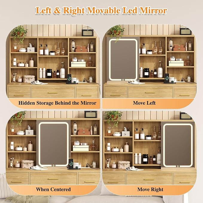 47'' W Large Vanity Desk with Mirror and Lights, 8 Storage Shelves 7 Drawers Vanity Table, Big Makeup Vanity Desk with 3 Lighting Modes, Vanity Dresser with Charging Station, Sliding Mirror (Natural)