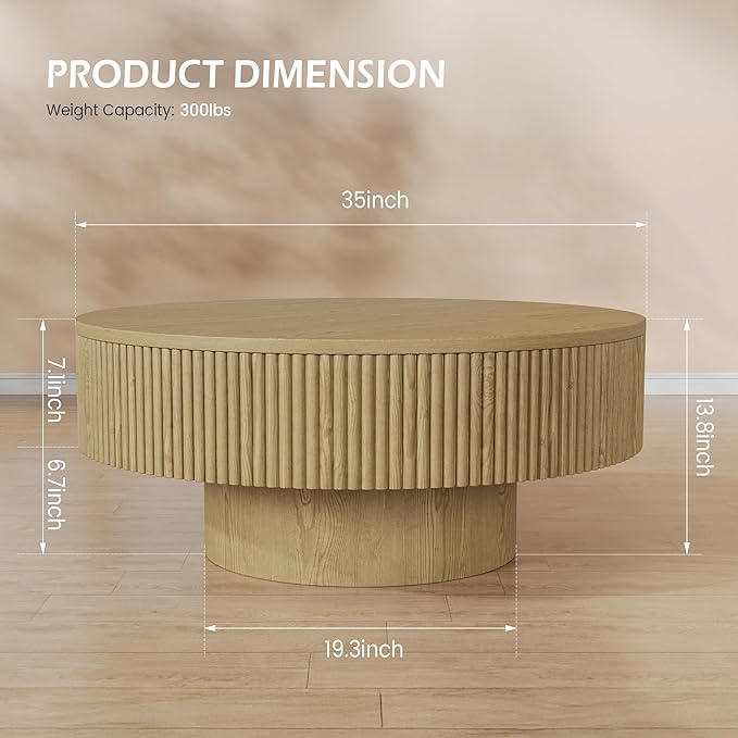 35” Round Fluted Coffee Table, Modern Wood Circle Coffee Table, Veneer Handcrafted Relief Tea Table with Sturdy Pedestal for Living Room, Easy Assembly - Natural