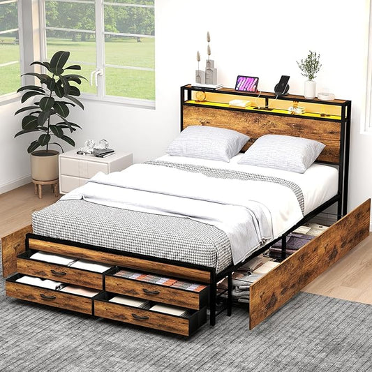 Full Size Bed Frame with 8 Storage Drawers, Full Platform Bed with Headboard, Charging Station, LED Light, Noise-Free Design, No Box Spring Required, Brown