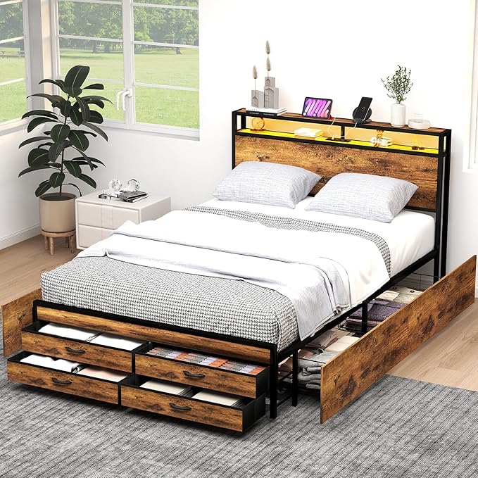 Queen Size Bed Frame with 8 Storage Drawers, Sturdy Queen Platform Bed with Wooden Headboard & Footboard, Noise-Free Design, No Box Spring Required, Brown