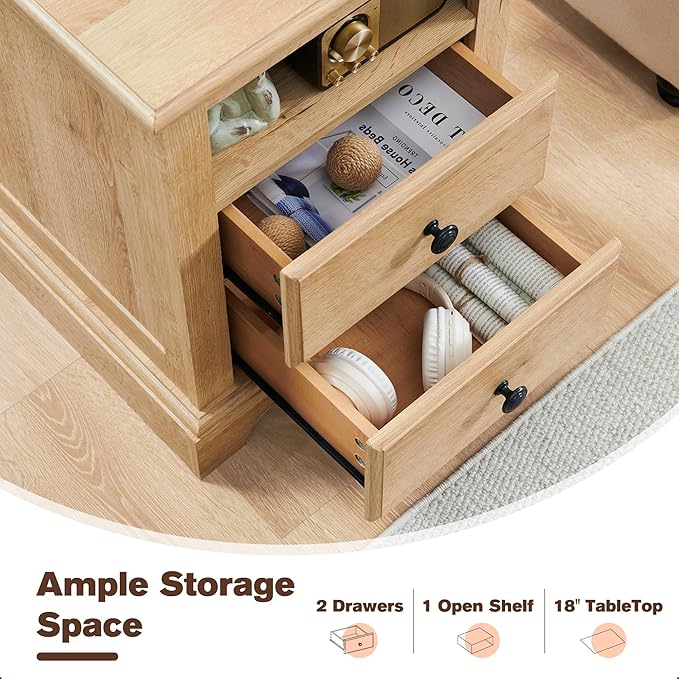 T4TREAM Nightstand with Charging Station, 18 Inch Vintage End Table with 2 Drawers, Wood Rustic Sofa Side Table with Open Storage Shelf for Bedroom, Living Room, Natural Oak