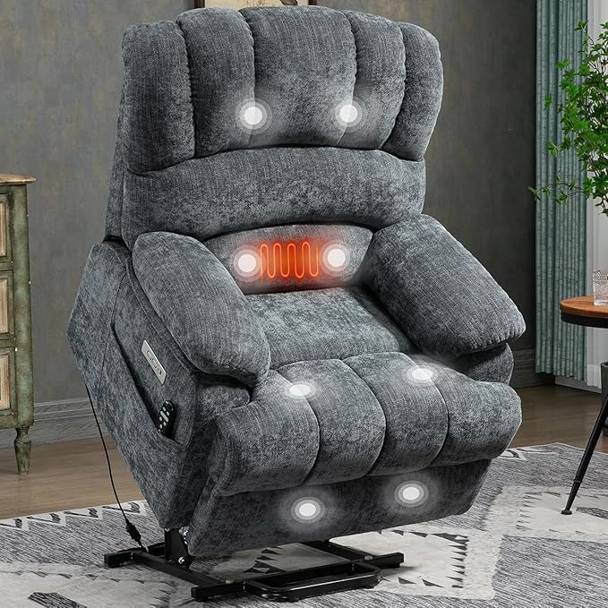 Power Lift Recliner Chair for Elderly People, Oversized Lift Recliner with Vibration Massage and Heat for Seniors with Charging Ports, Side Pockets, Chenille Fabric Blue