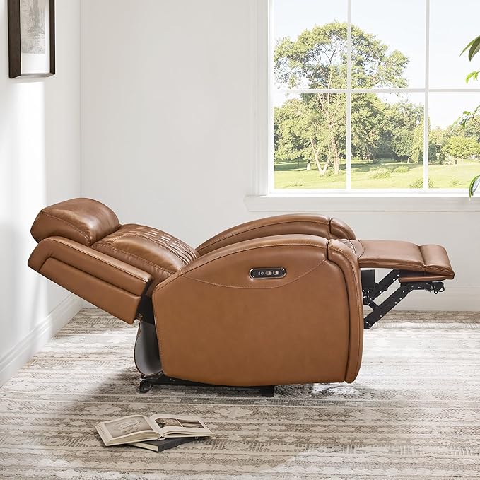 CHITA Genuine Leather Recliner Chair for Adults with Adjustable Power Headrest, Lay Flat Power Recliner with Slide-Out Cupholders & USB/Type-C Ports, Living Room Chair, Saddle