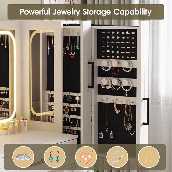 Maupvit Makeup Vanity with Lighted Mirror & Power Strip, Large Vanity Desk with Sliding Jewelry Storage Shelves, 4 Drawers, 3 Cabinets & Hairdryer Rack, 3 Lighting Modes, Bedroom Dressing Table,White