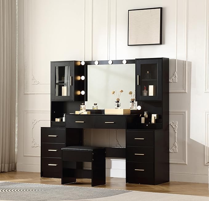 Extra Large Vanity with Folding Up Mirror and Lights,58.3'' Makeup Vanity Desk with Mirror and Lights,Outlet, Chair and Two Makeup Organizers,Dressing Table for Bedroom,Black