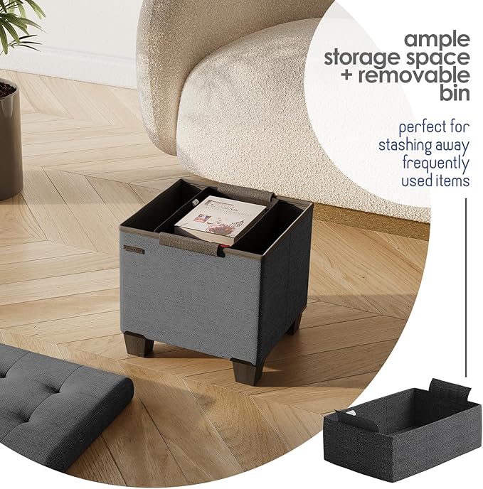 STORAGEBUD Storage Ottoman Cube with Small Bin, 16-in Square Ottoman with Storage for Living Room and Bedroom, Small Ottomans Foot Rest, Fabric Foot Stools Ottomans Max 330lbs, Grey