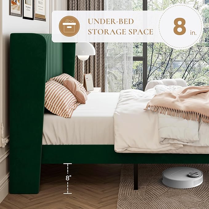 SHA CERLIN King Size Velvet Bed Frame with Vertical Channel Tufted Wingback Headboard, Upholstered Platform Bed with Wood Slats, No Box Spring Needed, Easy Assembly, Green