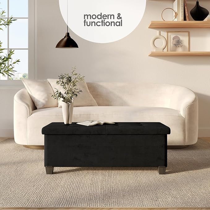 STORAGEBUD Storage Ottoman Bench with Bins, 43-in Storage Bench for Bedroom End of Bed, Folding Foot Rest Ottoman for Living Room Max 660lbs, Velvet Ottomans, Black