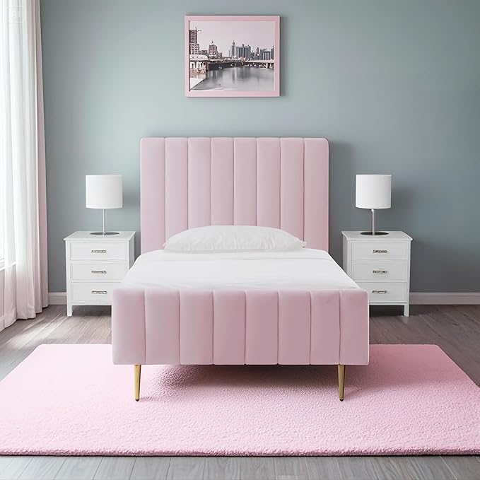Livinia Twin Size Elton Velvet Platform Bed, Upholstered Bed Frame with Vertical Channel Tufted Headboard Footboard, Strong Wood Slats, No Box Spring Needed, Pink (Twin)