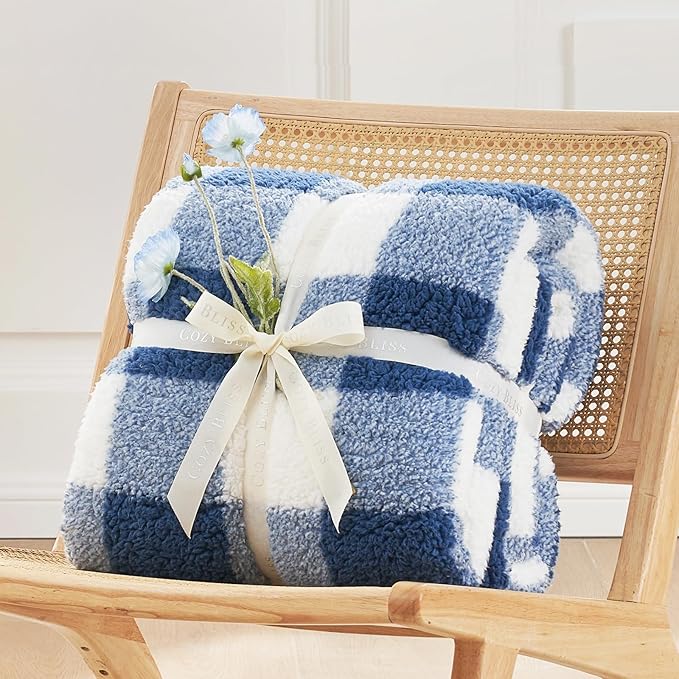Cozy Bliss Ultra Soft Reversible Double Sherpa Sided Blanket, Buffalo Plaid Throw Blanket Fluffy Thick Warm Plush Fuzzy Blanket for Couch, Bed and Gifts (Navy Blue, 60" x 80")