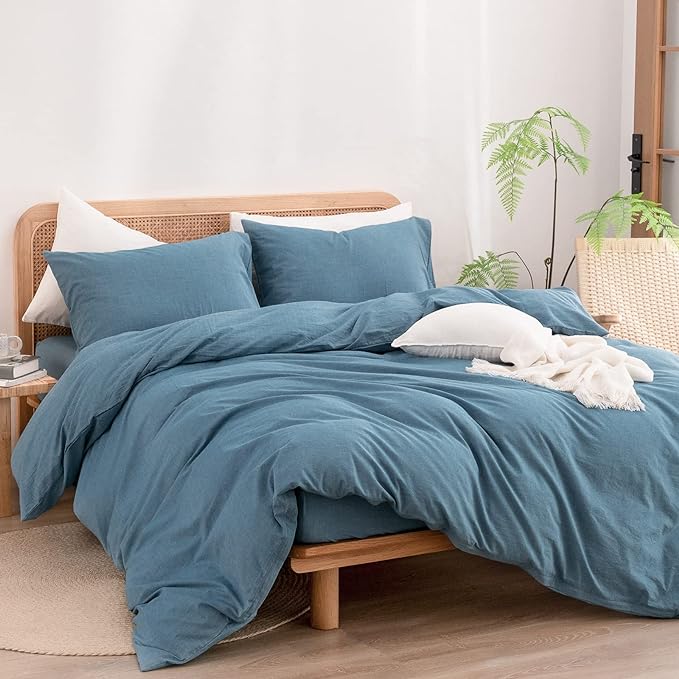 BESTOUCH Duvet Cover Set 100% Washed Cotton Linen Feel Super Soft Comfortable Chic Lightweight 2 PCs Home Bedding Set Solid Dark Blue Twin/Twin XL