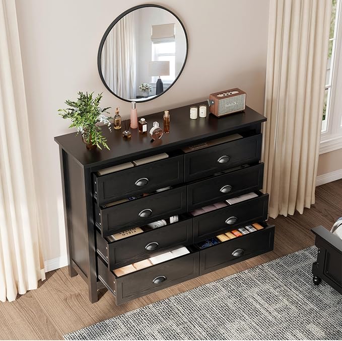 Black Dresser for Bedroom, Farmhouse 8 Drawer Double Dresser with Vintage Antique Handles, Modern Tall Dressers and Chest of Drawers for Bedroom
