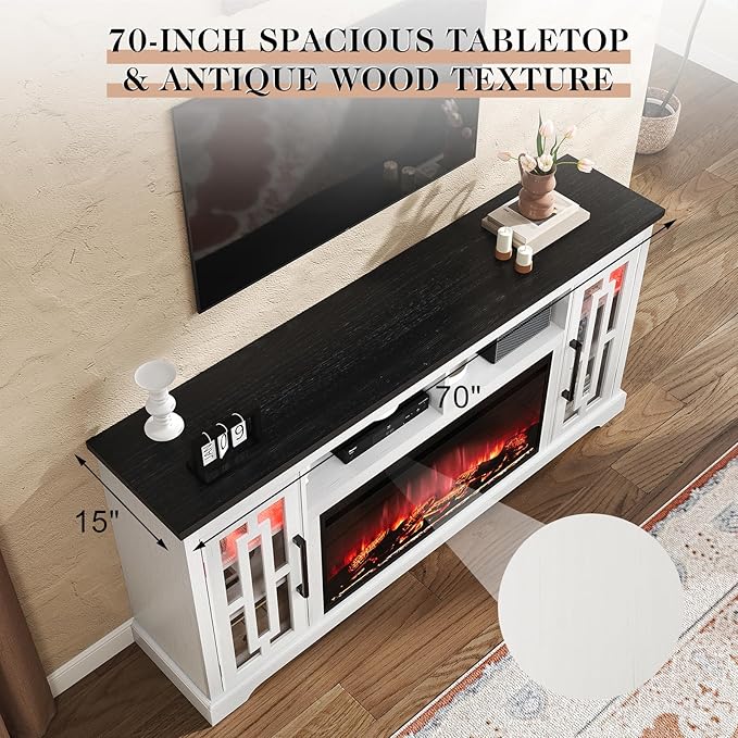 70" Farmhouse Large Fireplace TV Stand for 80 Inch TV, LED Media Entertainment Center with 37" Fireplace, Rustic TV Console Storage Cabinet with Adjustable Shelf for Living Room, Antique White