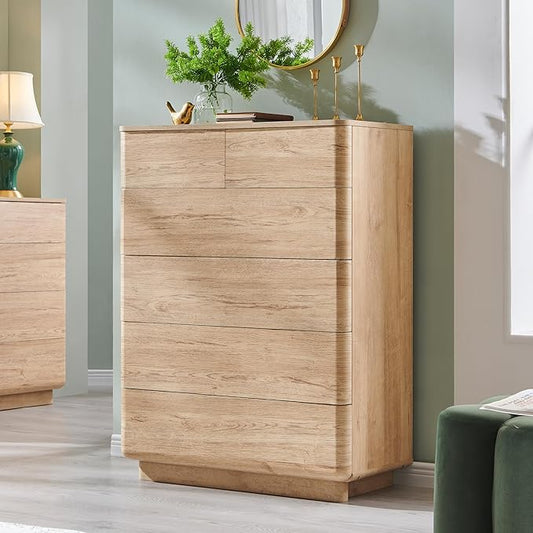 6 Drawer Dresser for Bedroom, 42 Inch Tall Modern Chest of Drawers, Push-to-Open Wood Storgae Organizer with Large Drawers for Bedroom, Living Room, Hallway, Natural Oak