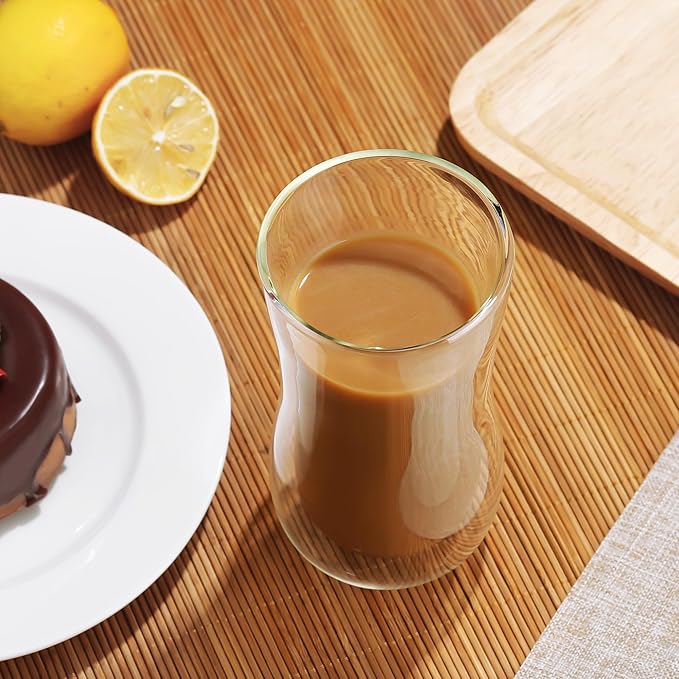 Joeyan Glass Double Walled Beer Drinking Glasses Tumbler, Double Layer Tall Borosilicate Insulated Water Cocktail Glass Cups, Double Lined Thermo Tea Coffee Hot Beverage Glassware 12 oz, Set of 2