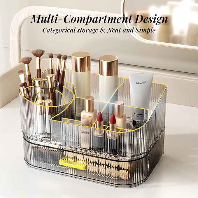 Delamu Makeup Organizer for Vanity with Stackable Drawers, 360 Rotating Makeup Brush Holder Large Cosmetic Display Case for Dresser, Bathroom Countertop Skincare Organizers and Storage, Crystal Black