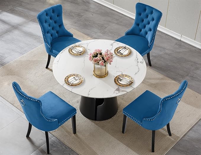 5-Piece Faux Marble Round Dining Table Set for 4, Modern Luxury Kitchen Table Set for 4 with Blue Tufted Chairs,Circle Dining Tables with White Marble Grain Top and Black Pedestal Base