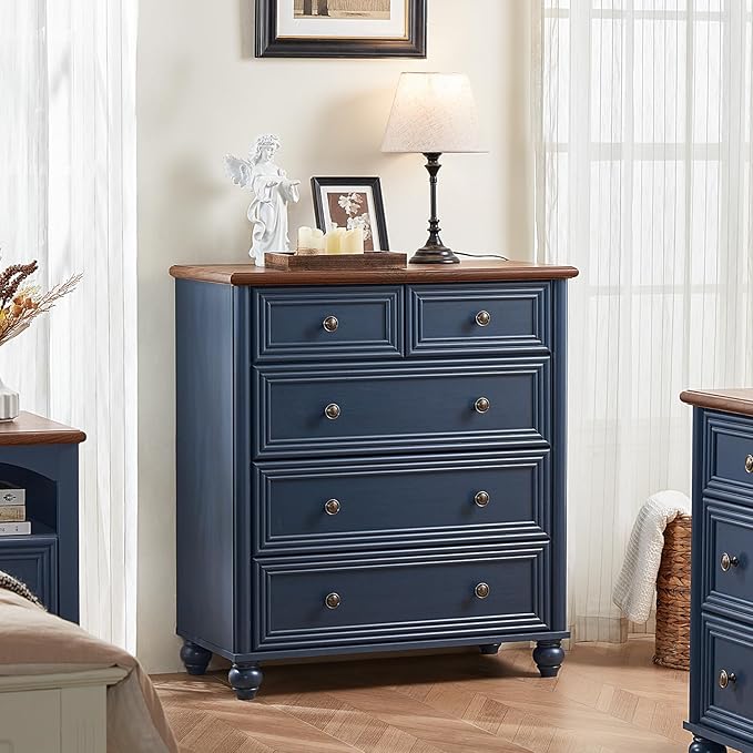 Farmhouse 5 Drawer Dresser for Bedroom, 35.5" Tall Small Dressers & Chest of Drawers, Rustic Wood Dresser with Roman Column, Storage Organizer for Living Room, Hallway, Closet (Blue)