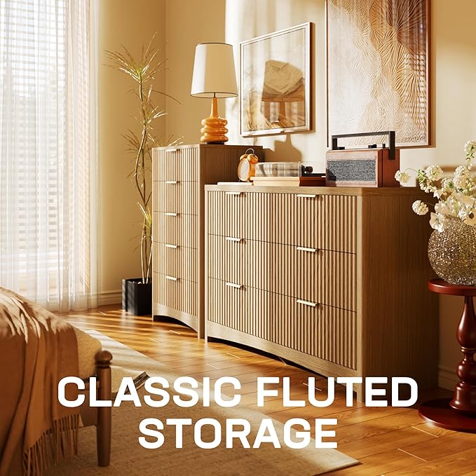 Marsail Fluted 5-Drawer Tall Wooden Dresser, Smooth Gliding Drawers & Large Capacity Storage Space, Modern Organizer Cabinet for Bedroom or Hallway, Natural Oak