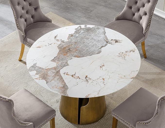 5-Piece Faux Marble Round Dining Table Set for 4, Modern Luxury Kitchen Table Set for 4 with Grey Tufted Chairs,Circle Dining Tables with Pandora Grain Top and Bronze Pedestal Base