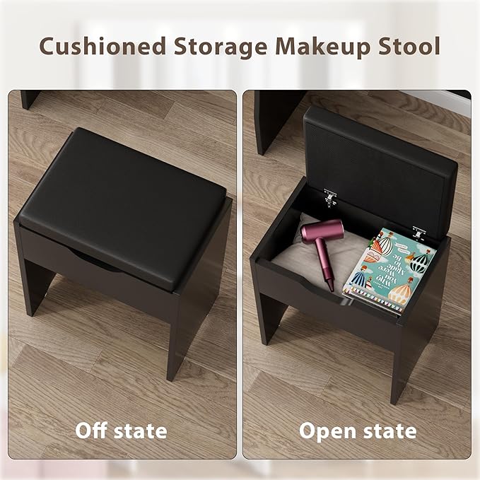 Furmax Vanity Desk Set with Large Lighted Mirror, 35.4 Inch Makeup Vanity Table with 2 Drawers, Cushioned Storage Stool, 3 Lighting Modes Brightness Adjustable, Dressing Table for Bedroom (Black)