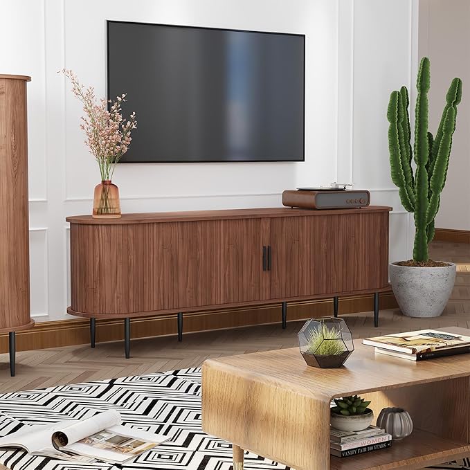 ARTPOWER 70" Modern TV Stand with Tambour Door for TVs up to 80", Entertainment Center with Storage, Fluted Television Consoles for Living Room, Brown