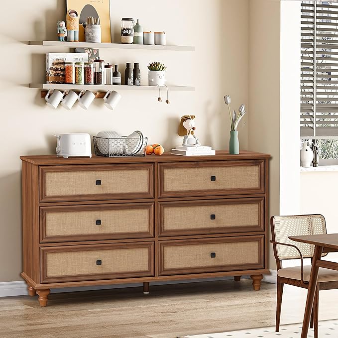 6 Drawer Dresser for Bedroom, Mid Century Modern Wide Wood Vintage Chest of Drawers Wooden Storage Organizer Burlap Rattan Drawers for Living Room, Hallway Closet, Entryway, Walnut