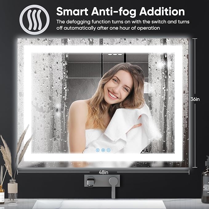 Antok 36"x 48" LED Bathroom Mirror with Lights, Anti-Fog, Dimmable, Lighted Vanity Mirror with Tempered Glass, Memory Function, 3 Light Modes, Safe Use, Horizontal, Vertical