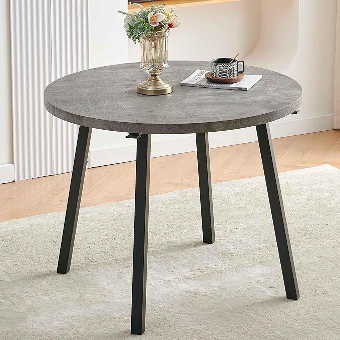 5-Pieces Kitchen Dining Table Set for 4, Grey Round Table MDF with 4 Metal Hooks for Hanging, Modern Dining Table Set with 4 Seated Grey Boucle Dining Chairs for Living Room, Apartment