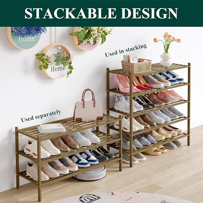 Smiry Long Bamboo Shoe Rack 3-Tier, Stackable Wooden Shoe Organizer for Entryway & Closet, Free Standing Wood Shoe Storage Shelf for Front Door & Small Spaces, Walnut