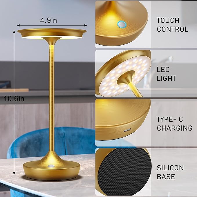 YHT Cordless Table Lamp, Restaurant Bedroom LED Rechargeable Stepless Dimming Desk Lamp, Outdoor Patio Portable 6000mAh IP54 Waterproof Table Light (Gold 2Pack)