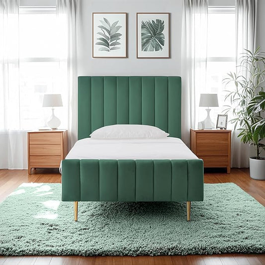 Livinia Twin Size Elton Velvet Platform Bed, Upholstered Bed Frame with Vertical Channel Tufted Headboard Footboard, Strong Wood Slats, No Box Spring Needed, Green (Twin)