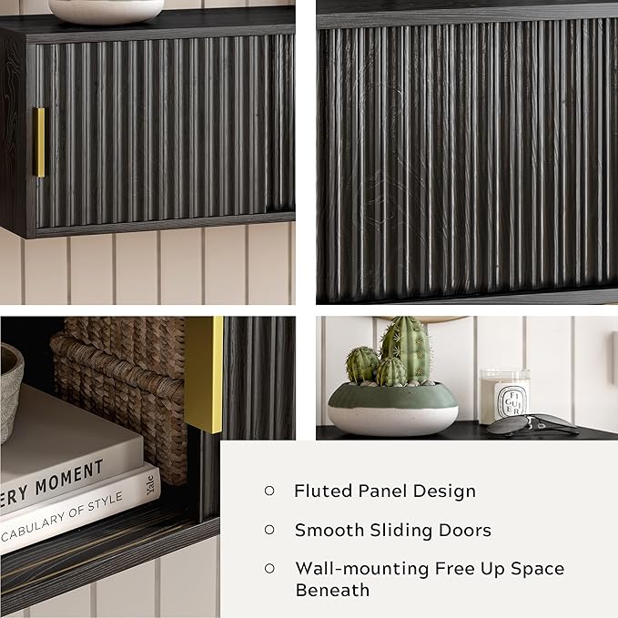 Fluted Floating TV Stand Set of 2, 30" Multi-Purpose Modern TV Display Shelf Console Entertainment Center Cabinet with Sliding Doors for Bedroom Living Room Entryway, Black