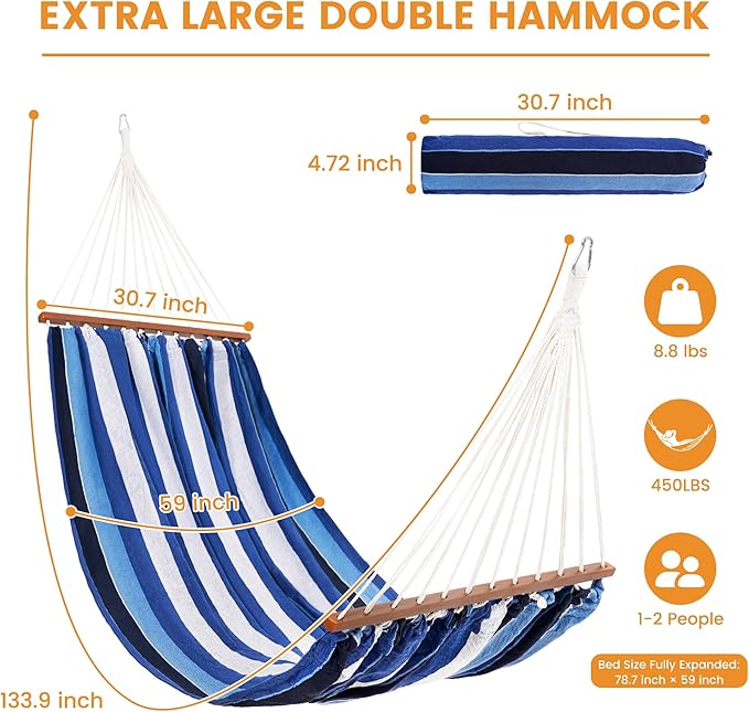 Lazy Daze Hammocks Cotton Fabric Spreader Bar Hammock, Outdoor Portable Hammock with Carrying Bag & Tree Straps for Bedroom, Patio, Backyard, Balcony, Max 450lbs Capacity, Blue