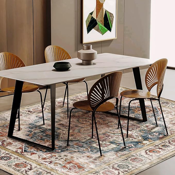 Washable Area Rug 10'x14' Beige Blue Boho Chic Medallion Distressed Design Non-Shedding Easy Care Ideal for High Traffic Areas in Living Room Bedroom Office Coffee Table Large Carpet