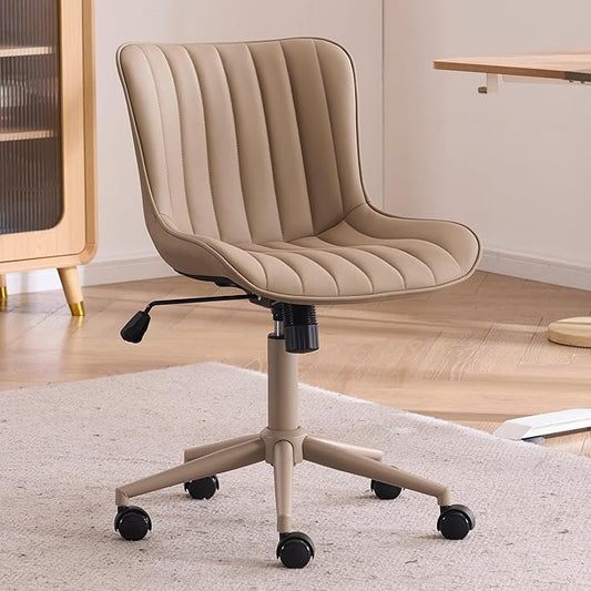 YOUNIKE Home Office Desk Chair with Wheels Armless Vanity Chair with Back Comfy Modern Leather Upholstered Rolling Task Chair Swivel Small Cute Sewing Chair No Arms Wide Adjustable Ergonomic All Khaki