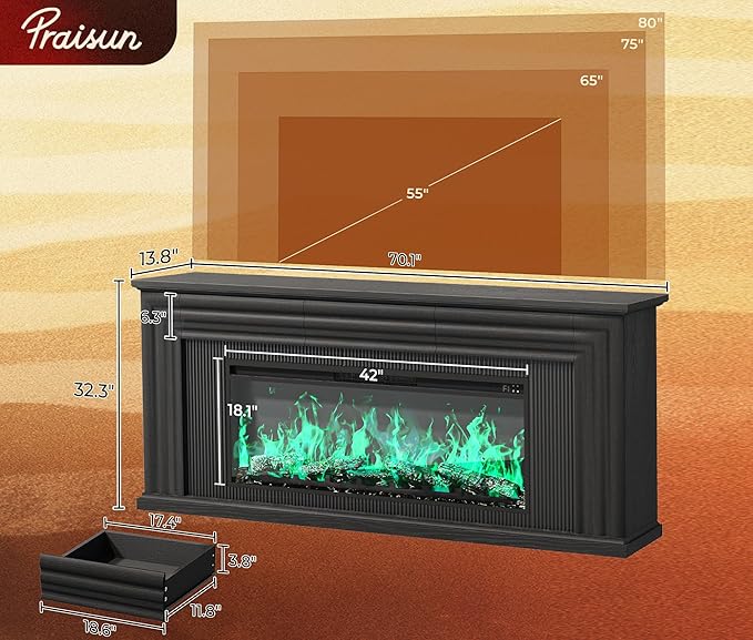 PRAISUN 70'' Fireplace TV Stand with 42'' Electric Fireplace, Farmhouse TV Stand for 65 75 Inch TV, Entertainment Center TV Console with 3 Drawers, Fluted Design, for Living Room, Black