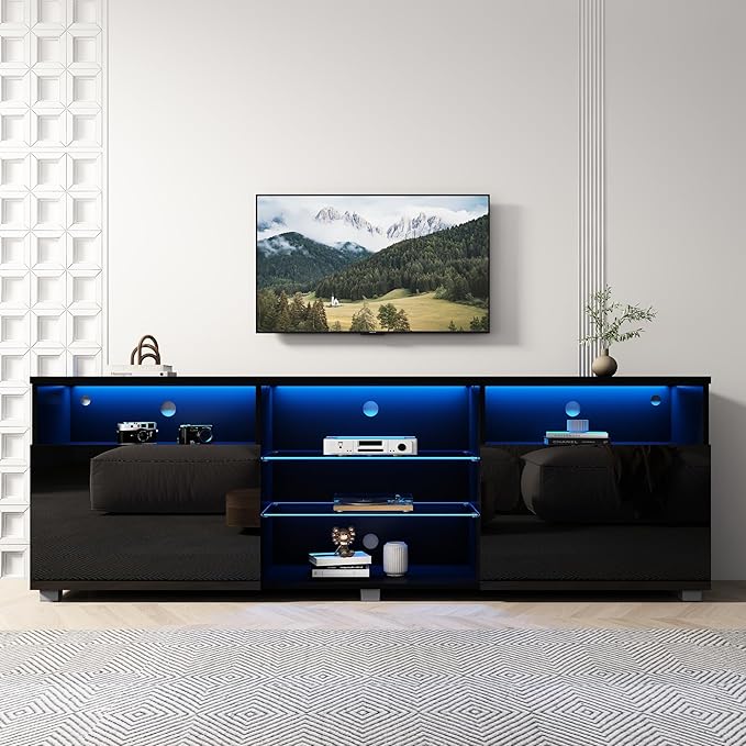 SUSSURRO LED TV Stand for 75/80 inch TV, Television Table Center Media Console with Drawer and Led Lights, High Glossy Modern Entertainment Center for Living Game Room Bedroom, Black