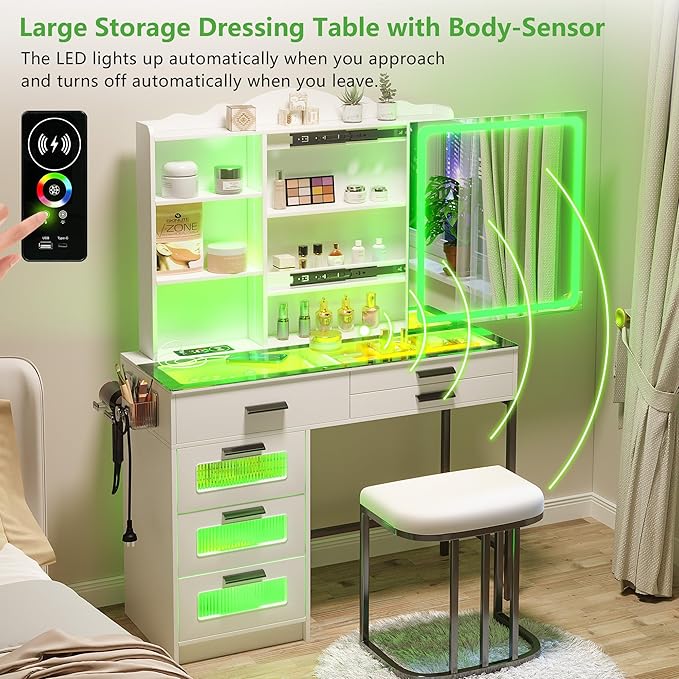 HENBC Vanity Desk with Sliding Mirror and Glass Desktop, LED Vanitys Mirror with RGB Lights Desk and Chair, Dressers Table Set with Charging Station/Makeup Organizer/6 Drawers for Bedroom(White)