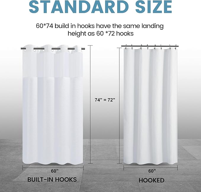 Stall No Hook Shower Curtain with Snap in Liner,230GSM Waffle Weave Shower Curtains for Bathroom,60W x 74H,White
