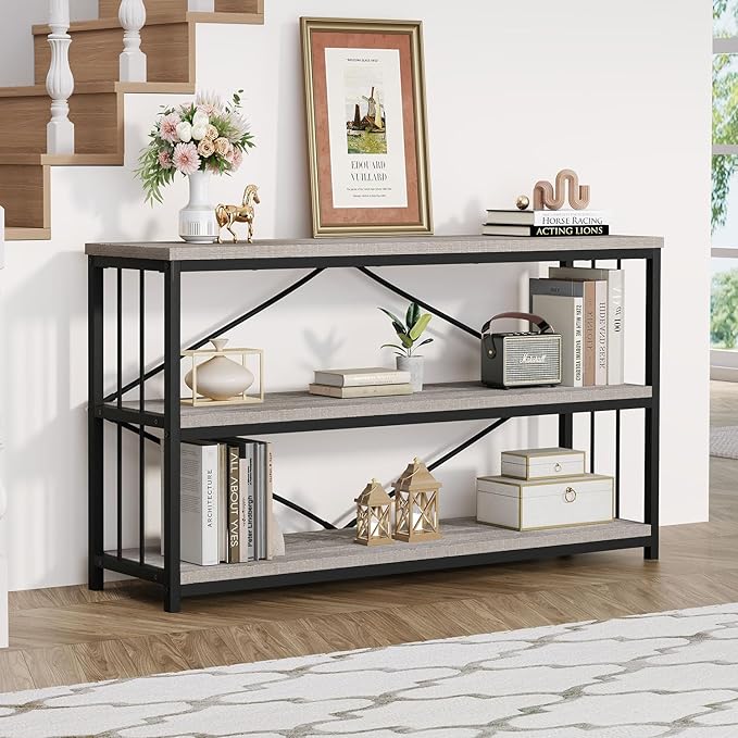 HSH Horizontal Bookshelf, Industrial Metal Wood Low Bookcase, Open 3 Tier Small Bookshelves with Storage for Living Room, Farmhouse Short Etagere Book Shelf for Office Bedroom, Light Grey Oak, 47 Inch