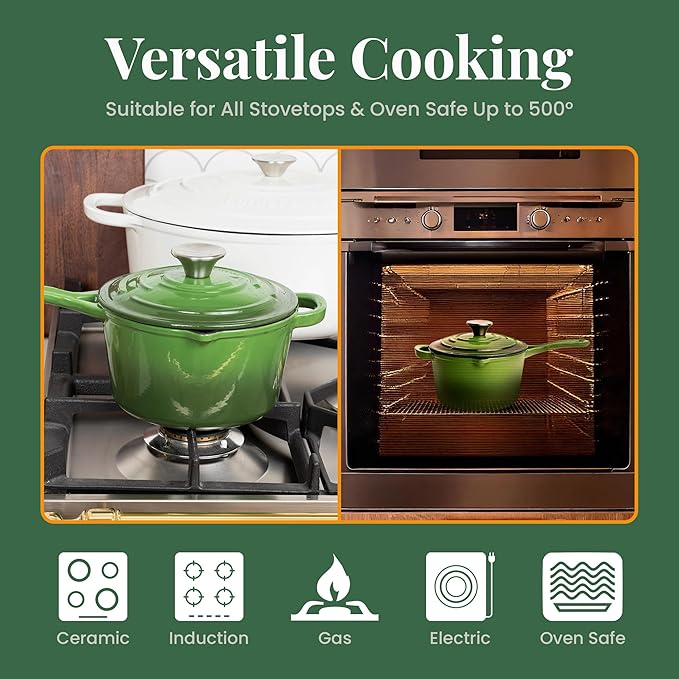 Larder & Vine Enameled Cast Iron Saucepan | 2.2 qt Sauce Pan with Lid | Saucepan with Pour Spouts | Enameled Cast Iron Pot Compatible on All Cooktops & Oven Safe to 500° F | Okra