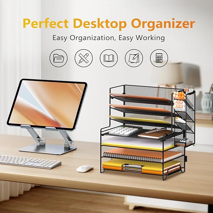 SUPEASY 4 Tier Paper Organizer + 3 Tier File Holder + 4 Pen Holders, 7 Tier Desktop File Organizers, Desk Organizers and Accessories for Office Home School, Black