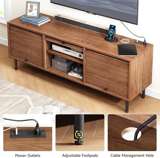59 Inch TV Stand for TVs up to 65 Inch, Entertainment Center with Power Outlet, Mid-Century Modern TV Console with Storage, Adjustable Shelf & Sliding Doors, TV Stand for Living Room, Walnut