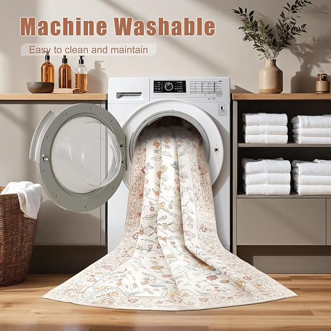 Nursery Rug 8x10 for Kids & Girls - Washable Vintage Large Floral Pink Area Rugs - Ultra Thin Stain Resistant Non Slip Carpets for Kids Playroom, Living Room, Bedroom, Dining Room, Office - Pink