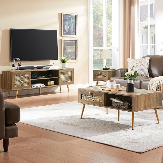 Mid Century Modern TV Stand with Metal Mesh Doors and Open Shelf for Tvs up to 65" Boho Media Console Entertainment Center with Cable Holes for Living Room Rustic Oak 59.06"x15.55"x20.87"