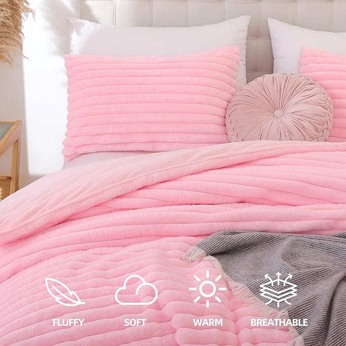 Smoofy Fluffy King Size Comforter Set 3 Pieces - Pink Fleece Fluffy Comforter Set, Luxury Fuzzy King Bedding Set, Soft King Bed Set All Season, Heavy Faux Fur Comforter with 2 Pillow Cases