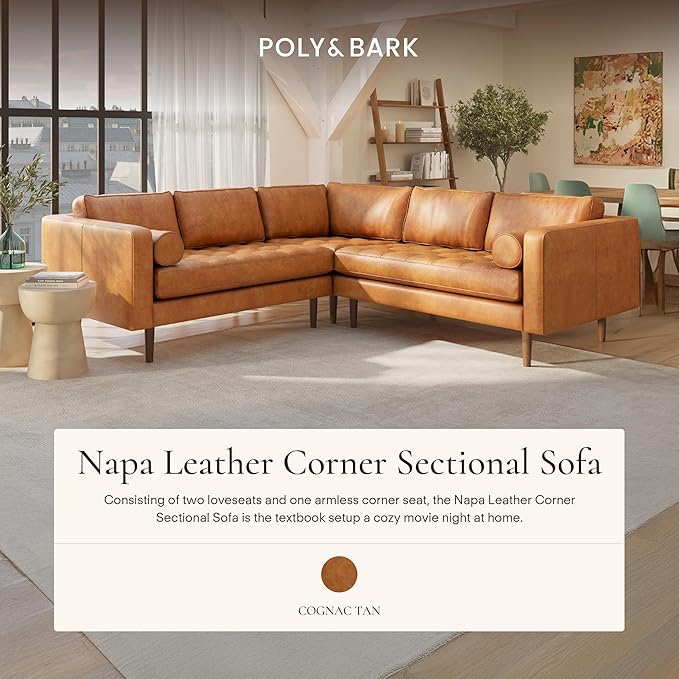 POLY & BARK Napa Leather Corner Sectional Sofa in Full-Grain Pure-Aniline Italian Tanned Leather in Cognac Tan