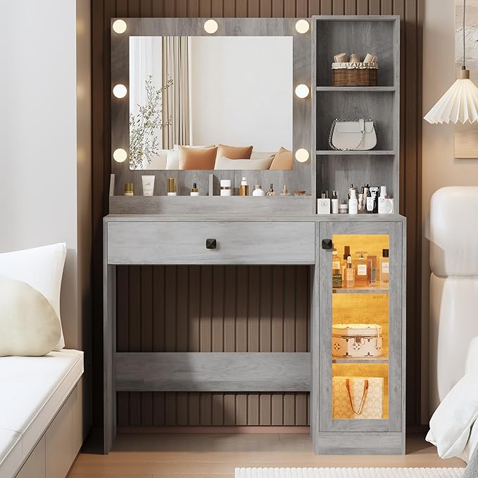 Makeup Vanity with Mirror and Lights, 34'' Wide Dressing Table with Charging Station & RGB Glass Cabinet, Small Vanity Desk with 3 Color Lighting Modes & Adjustable Brightness, Grey